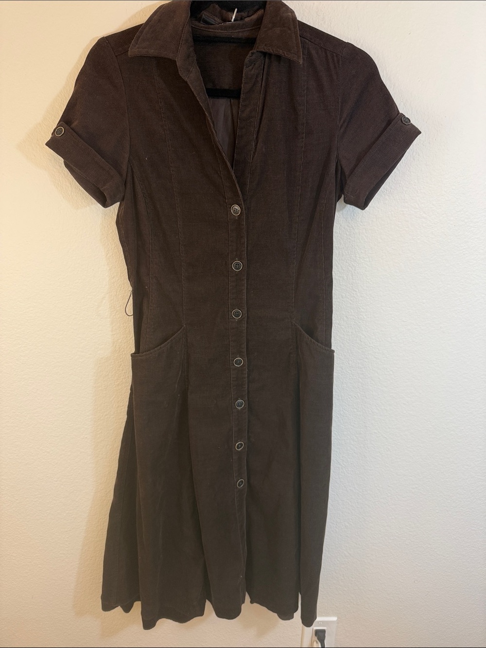 ZARA Dark Brown Short-Sleeve Button-Front Corduroy Dress